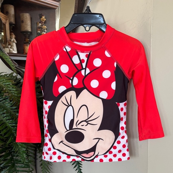 Disney Junior Minnie Mouse Swim Shirt Long Sleeved Polka Dot Red White Rashguard - Picture 1 of 9